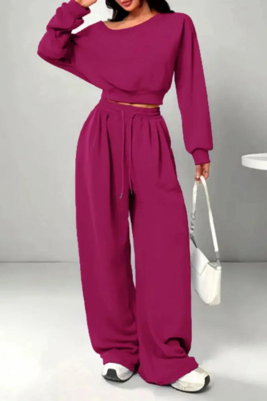 Ensemble Hoodie et Pantalon Femme – Automne/Hiver, Manche Longue, Épaules Dénudées, Coupe Oversize, Taille Élastique avec Cordon, Couleur Unie Vibella