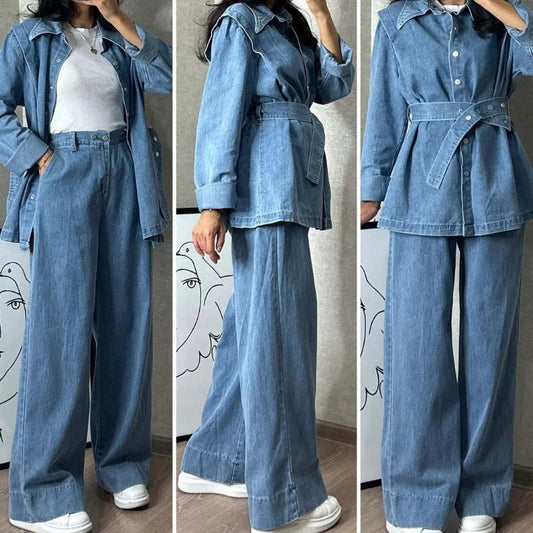 Ensemble Femme 2 Pièces – Haut à Col Relevé et Ceinture, Pantalon Large Taille Haute, Denim, Look Élégant et Coordonné Vibella