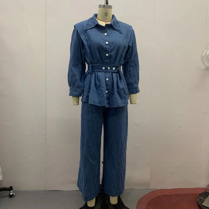 Ensemble Femme 2 Pièces – Haut à Col Relevé et Ceinture, Pantalon Large Taille Haute, Denim, Look Élégant et Coordonné Vibella