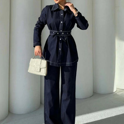 Ensemble Femme 2 Pièces – Haut à Col Relevé et Ceinture, Pantalon Large Taille Haute, Denim, Look Élégant et Coordonné Vibella