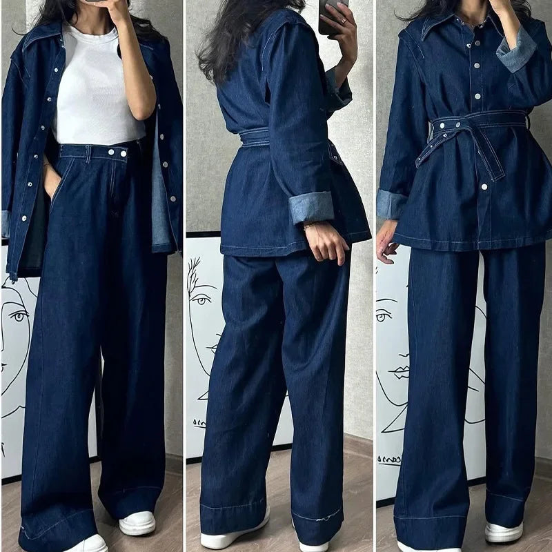 Ensemble Femme 2 Pièces – Haut à Col Relevé et Ceinture, Pantalon Large Taille Haute, Denim, Look Élégant et Coordonné Vibella