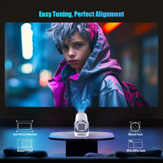 Projecteur Portable 8K HY300 Pro+ – Android 14, WiFi 6 & BT 5.4 | 8000 Lumens, Haut-Parleur 5W Intégré, 1280×720P – Usage Intérieur & Extérieur