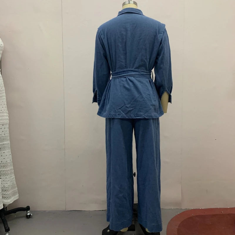 Ensemble Femme 2 Pièces – Haut à Col Relevé et Ceinture, Pantalon Large Taille Haute, Denim, Look Élégant et Coordonné Vibella